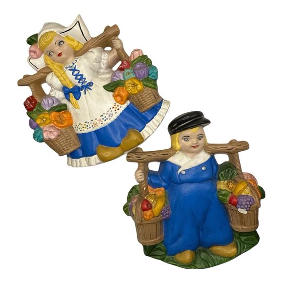 Dutch Boy & Girl Wall Hanging Art Decor Chalk Hand Painted Hobbyist Signed 6" - Picture 1 of 3